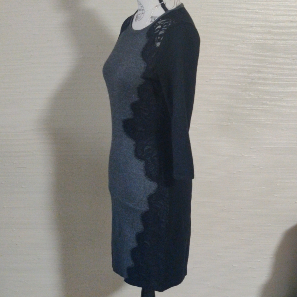 Vince Camuto black & gray colorblock 3/4 sleeve bodycon dress w lace accents_PS - Picture 3 of 10